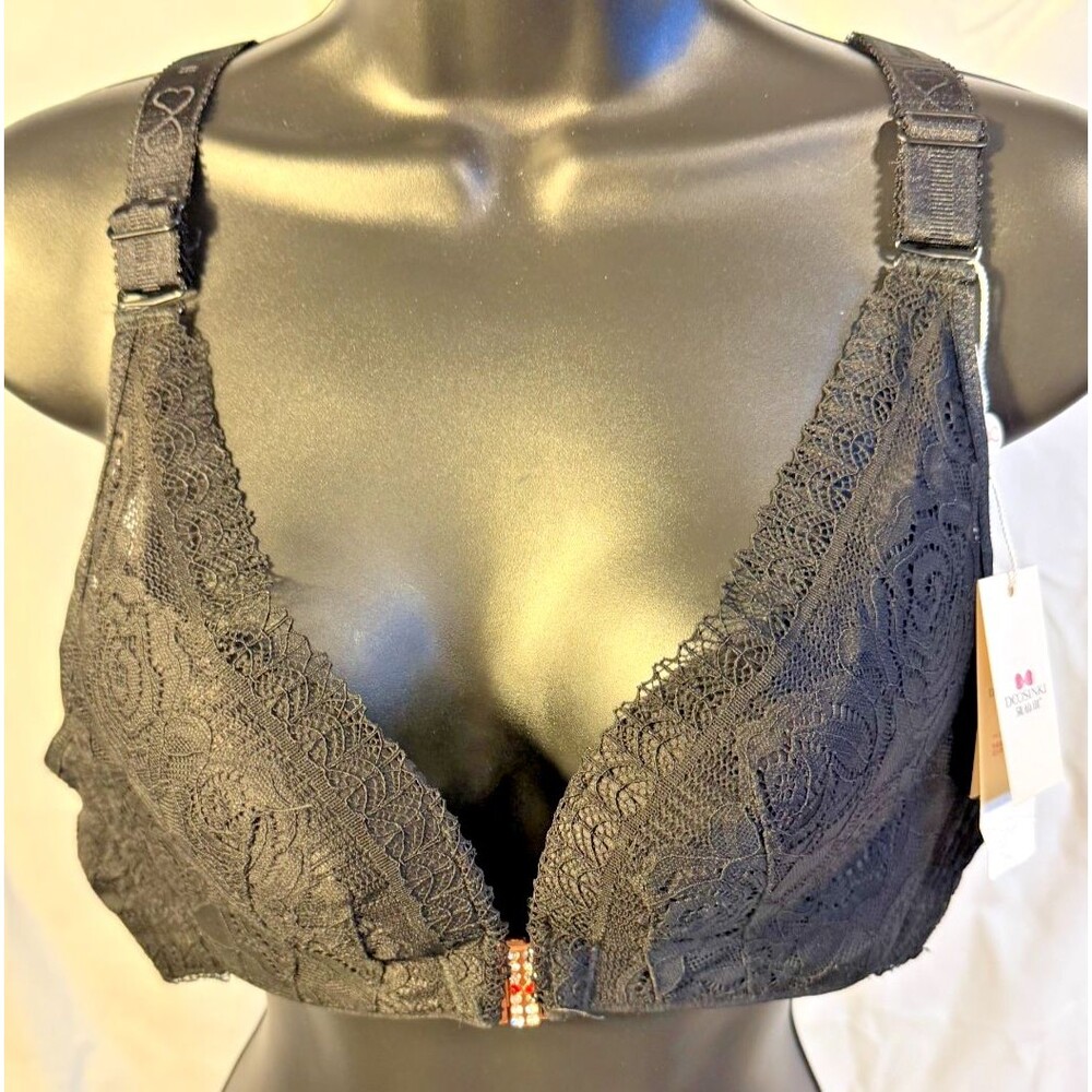 New Black Lacy Floral Women's Bra Softcup Front Hook 38C Rose Racerback Goth